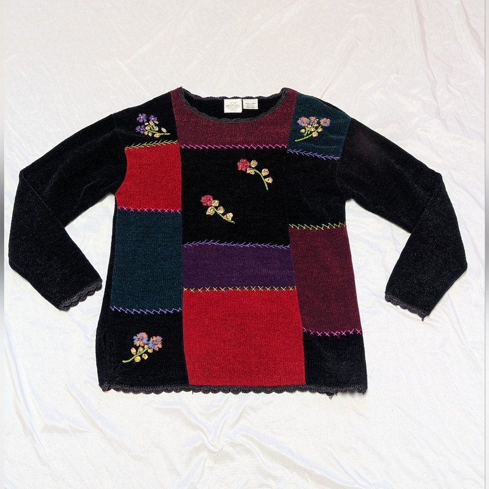 T.R. Bentley Vintage Colorblock Patchwork Sweater With Ribbon Flower Embroidery